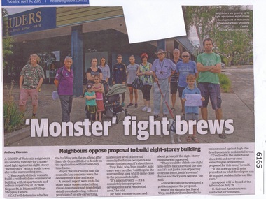 Newspaper Clipping, Heidelberg Leader, 'Monster' fight brews, 16/04/2019