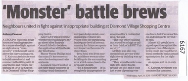 Newspaper Clipping, Diamond valley Leader, Monster battle brews, 24/04/2019