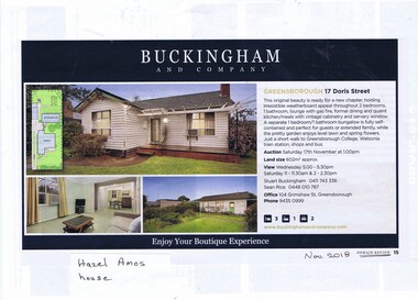 Advertising Leaflet, Buckingham and Company Estate Agents, 17 Doris Street Greensborough, 2019_01