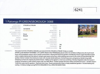 Advertising Leaflet, Barry Plant Greensborough, 1 Patonga Place Greensborough, 16/10/2018