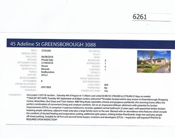 Advertising Leaflet, Barry Plant Greensborough, 45 Adeline Street Greensborough, 06/08/2018