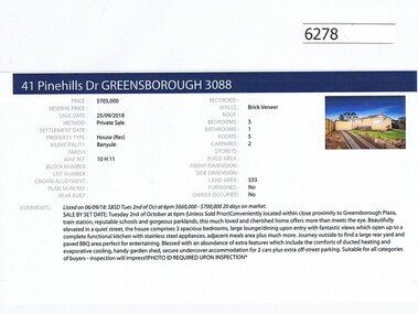 Advertising Leaflet, Barry Plant Greensborough, 41 Pinehills Drive Greensborough, 25/09/2018
