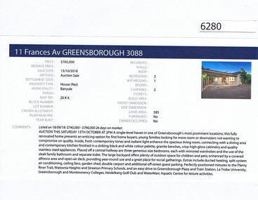 Advertising Leaflet, Barry Plant Greensborough, 11 Frances Avenue Greensborough, 13/10/2018