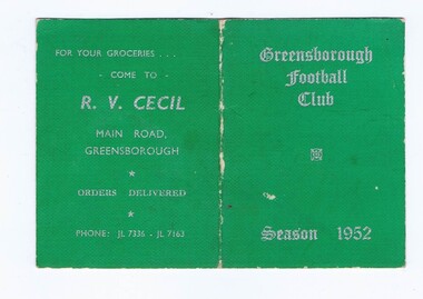 Membership Ticket - Digital Image, Greensborough Football Club, 1952, 1952_
