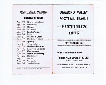 Document - Football Fixture - Digital Image, Greensborough Football Club et al, Diamond Valley Football League Fixtures 1975. Greensborough, 1975_