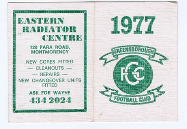 Document - Membership Ticket - Digital Image, Greensborough Football Club, Greensborough Football Club, 1977, 1977_