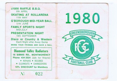 Document - Membership Ticket - Digital Image, Greensborough Football Club, Greensborough Football Club, 1980, 1980_