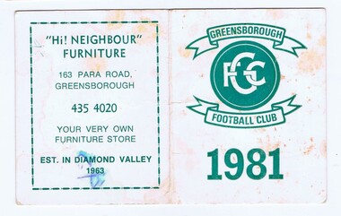 Document - Membership Ticket - Digital Image, Greensborough Football Club, Greensborough Football Club, 1982, 1982_