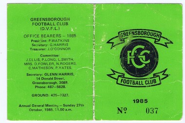Document - Membership Ticket - Digital Image, Greensborough Football Club, Greensborough Football Club, 1985, 1985_