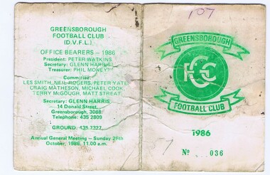 Document - Membership Ticket - Digital Image, Greensborough Football Club, Greensborough Football Club, 1986, 1986_