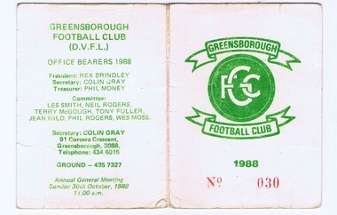 Document - Membership Ticket - Digital Image, Greensborough Football Club, Greensborough Football Club, 1988, 1988_