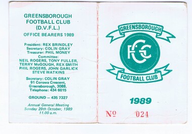 Membership Ticket - Digital Image, Greensborough Football Club, 1989, 1989_