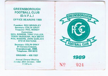 Document - Membership Ticket - Digital Image, Greensborough Football Club, Greensborough Football Club, 1989, 1989_