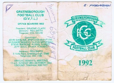 Document - Membership Ticket - Digital Image, Greensborough Football Club, Greensborough Football Club, 1992, 1992_