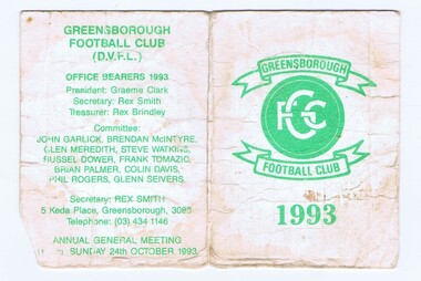 Membership Ticket - Digital Image, Greensborough Football Club, 1993, 1993_