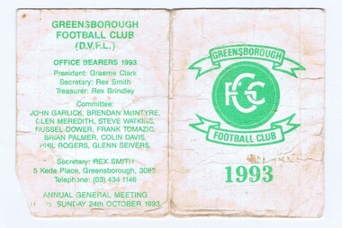 Document - Membership Ticket - Digital Image, Greensborough Football Club, Greensborough Football Club, 1993, 1993_