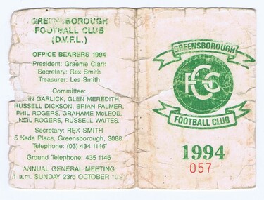 Membership Ticket - Digital Image, Greensborough Football Club, 1994, 1994_