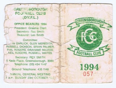 Document - Membership Ticket - Digital Image, Greensborough Football Club, Greensborough Football Club, 1994, 1994_