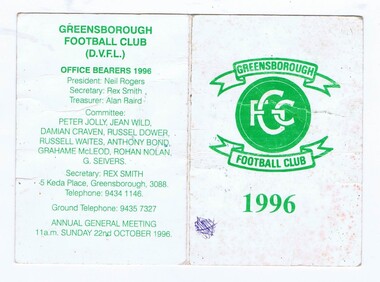 Document - Membership Ticket - Digital Image, Greensborough Football Club, Greensborough Football Club, 1996, 1996_