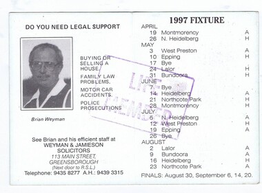 Document - Membership Ticket - Digital Image, Greensborough Football Club, Greensborough Football Club, 1997, 1997_