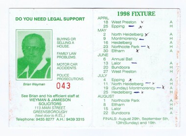 Membership Ticket - Digital Image, Greensborough Football Club, 1998, 1998_