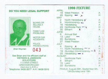 Document - Membership Ticket - Digital Image, Greensborough Football Club, Greensborough Football Club, 1998, 1998_