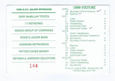 Document - Membership Ticket - Digital Image, Greensborough Football Club, Greensborough Football Club, 1999, 1999_