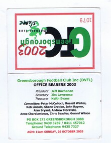 Document - Membership Ticket - Digital Image, Greensborough Football Club, Greensborough Football Club, 2003, 2003_