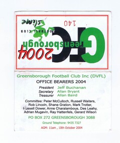 Document - Membership Ticket - Digital Image, Greensborough Football Club, Greensborough Football Club, 2004, 2004_