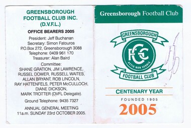 Document - Membership Ticket - Digital Image, Greensborough Football Club, Greensborough Football Club, 2005, 2005_