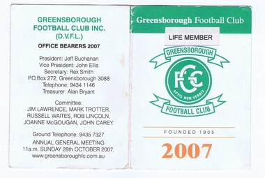 Document - Membership Ticket - Digital Image, Greensborough Football Club, Greensborough Football Club, 2007, 2007_