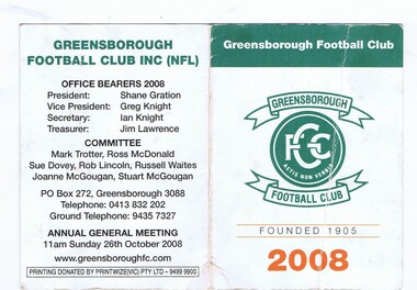 Membership Ticket - Digital Image, Greensborough Football Club, 2008, 2008_