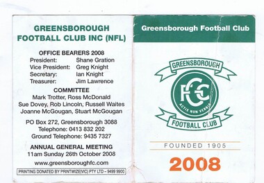 Document - Membership Ticket - Digital Image, Greensborough Football Club, Greensborough Football Club, 2008, 2008_