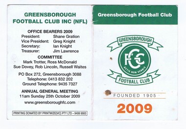 Membership Ticket - Digital Image, Greensborough Football Club, 2009, 2009_
