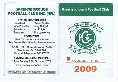 Document - Membership Ticket - Digital Image, Greensborough Football Club, Greensborough Football Club, 2009, 2009_