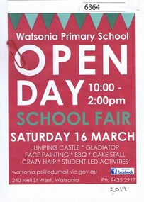 Advertising Leaflet, Watsonia Primary School Open Day 16 March [2019], 2019_03