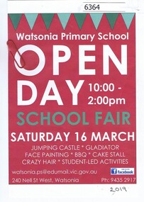 Advertising Leaflet, Watsonia Primary School Open Day 16 March [2019], 2019_03