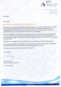 Letter, Restoring the natural beauty at Pioneer Reserve, 21/05/2019