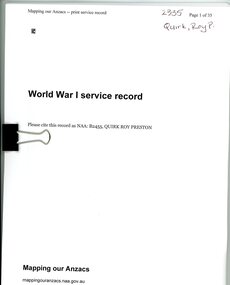 Document, World War I Service Record: Roy Preston Quirk, 1914-1923