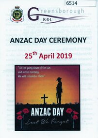 Booklet, with document, Anzac Day ceremony 25th April 2019, 25/04/2019