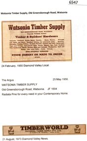 Advertisement - Newspaper Clipping, Diamond Valley Local, Watsonia Timber Supply, 25/05/1956