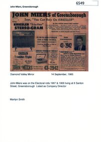 Newspaper Clipping - Digital Image, John Miers of Greensborough, 14/09/1960