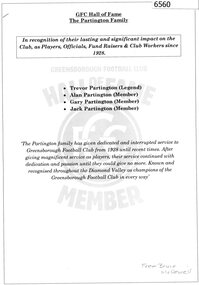 Booklet, GFC Hall of Fame: The Partington family, 2016_