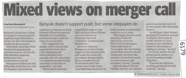 Newspaper Clipping, Heidelberg Leader, Mixed views on merger call, 30/07/2019