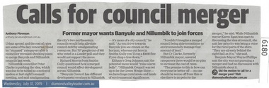 Newspaper Clipping, Diamond valley Leader, Calls for council merger, 31/07/2019
