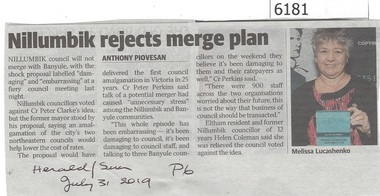 Newspaper Clipping, Herald/Sun Newspaper, Nillumbik rejects merge plan, 31/07/2019