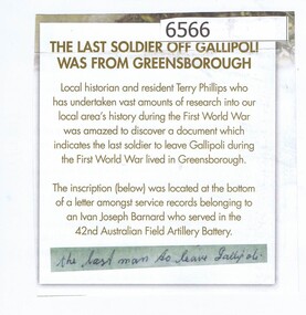 Newsletter Clipping, The Last soldier off Gallipoli was from Greensborough, 2014_