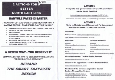 Leaflet, 2 actions for a better North East Link; with Notice of community meeting 1st August 2019, 2019_07