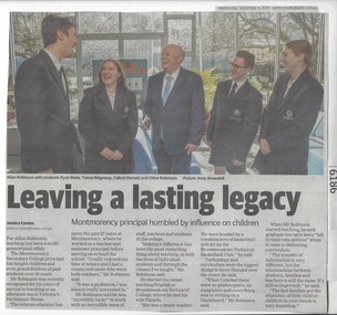 Newspaper Clipping, Diamond valley Leader, Leaving a lasting legacy, 04/09/2019