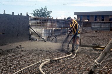 Photograph - Digital Image, Watsonia High School Pool, Construction 1976. Spraying concrete 1, 12/12/1976